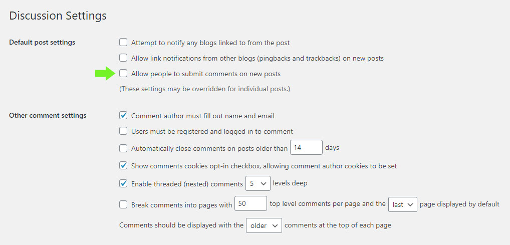 disable comment in settings